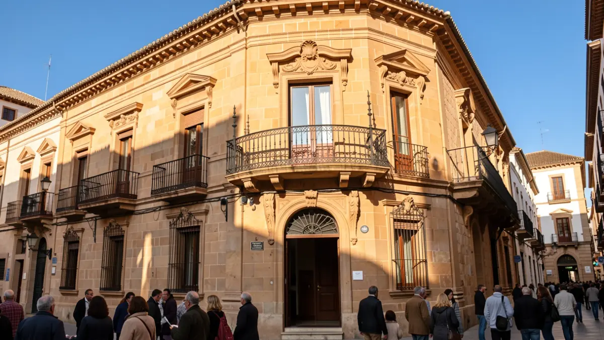 Fachada de un ayuntamiento de Madrid con balcón y barandillas de hierro, bajo la luz del sol de la tarde.