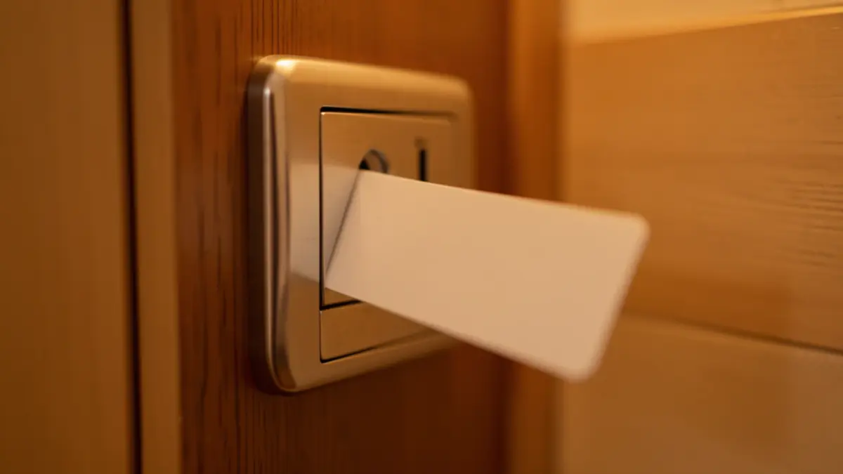 Generic image of a hotel room key card in a door slot, representing the hotel sector.