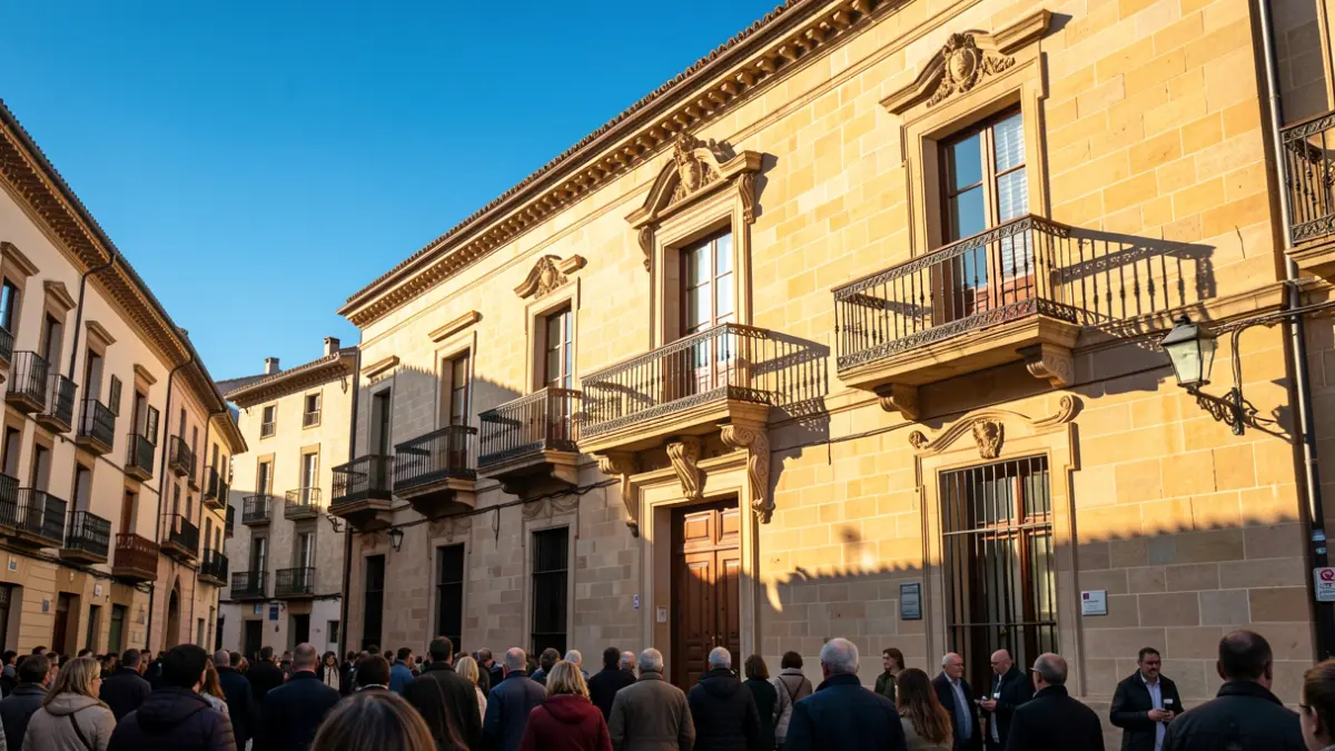 Facade of a traditional Spanish town hall with ornate balconies and iron railings, bathed in the warm light of the late afternoon sun.