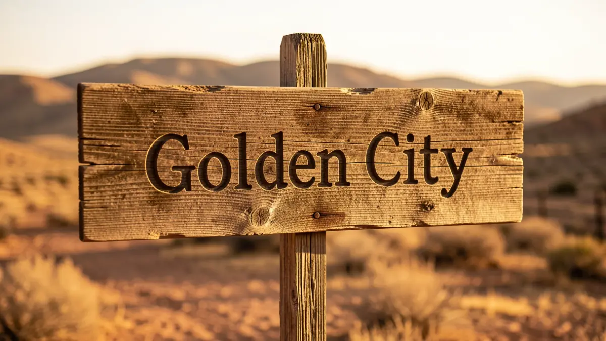 Señal rústica de 'Golden City' en un paisaje de western.