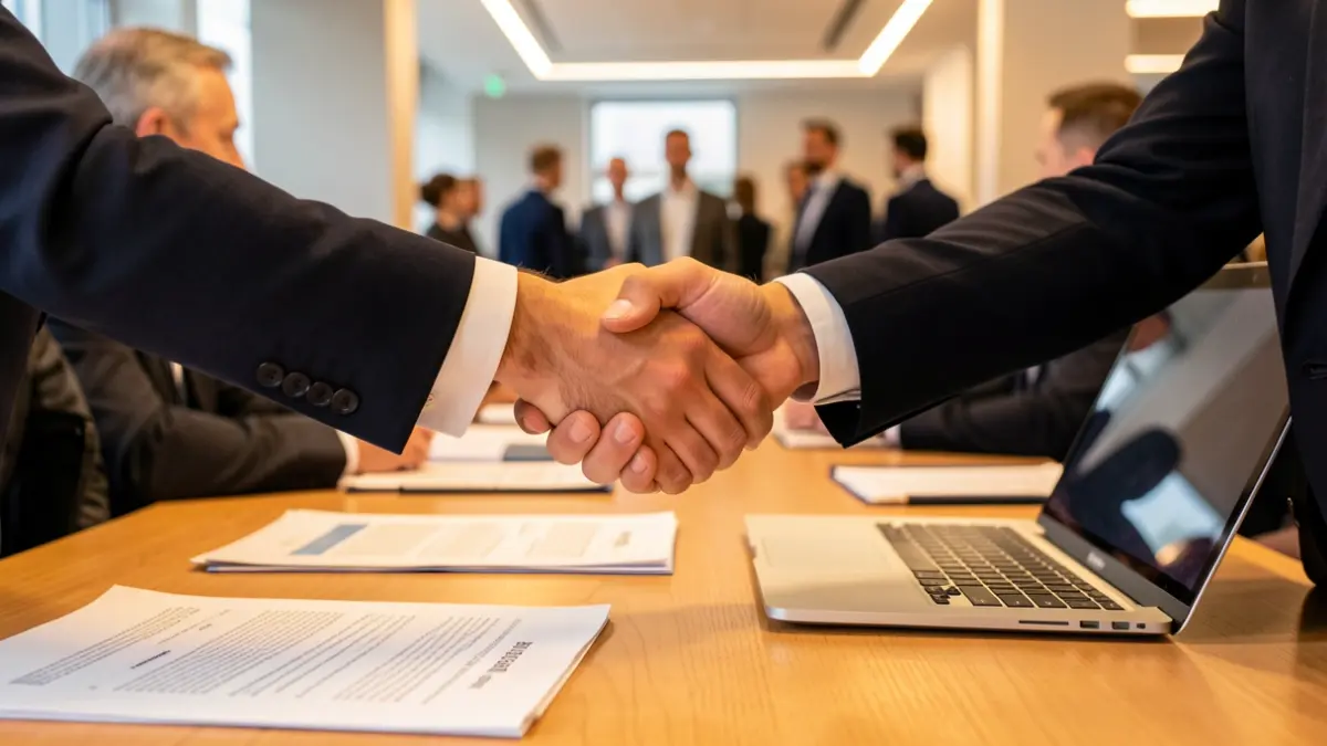 Imagen genérica de dos personas dándose la mano sobre una mesa de trabajo.