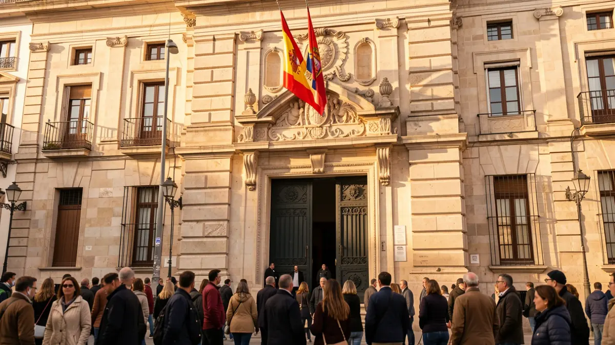 Fachada de un ayuntamiento español con una bandera española y un emblema de la Guardia Civil.
