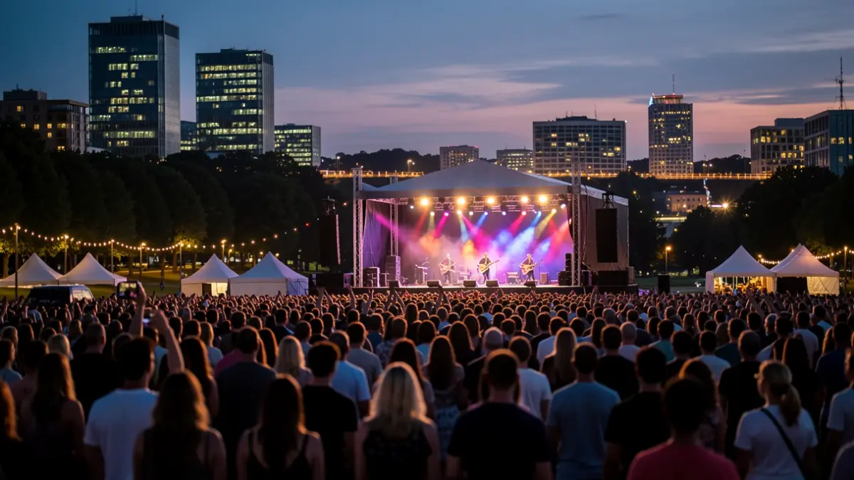 Imagen genérica de un festival de música al aire libre al atardecer en un entorno urbano.