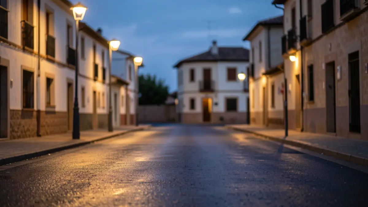 Generic image of a street in Alcorcón at dusk with streetlights on.