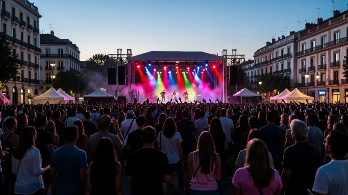 Crowd enjoying an outdoor music festival concert at dusk in Madrid.