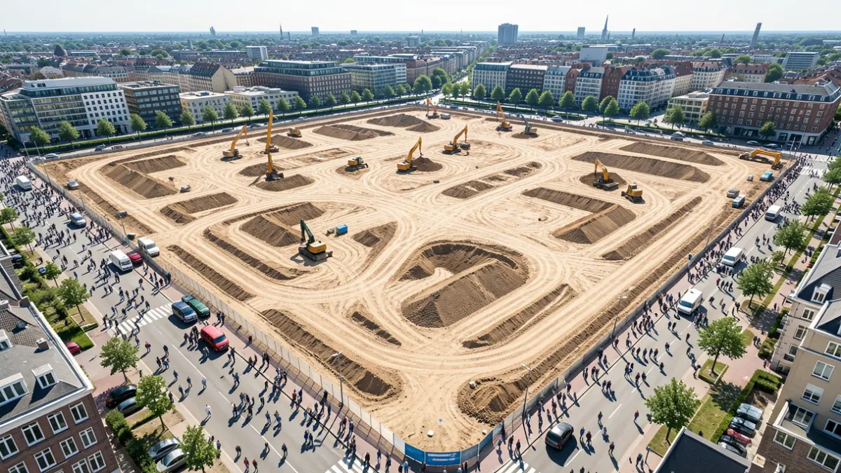Vista aérea de las obras de urbanización en el futuro desarrollo residencial de Campamento.
