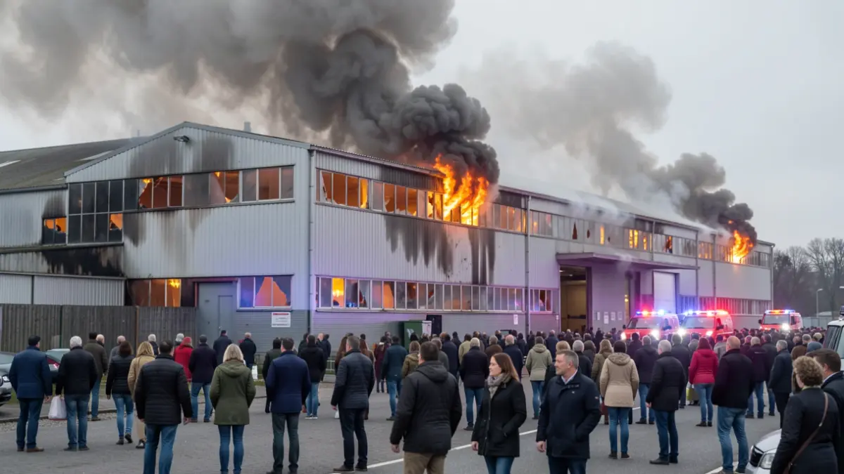 Image of a burning industrial warehouse in Villaverde, Madrid, with smoke emerging from the roof and flames visible.