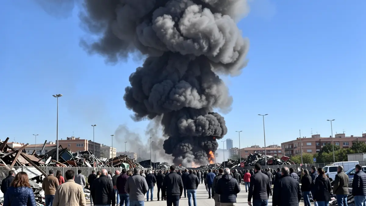 Large plume of black smoke rising from a scrapyard in Vicálvaro, Madrid.