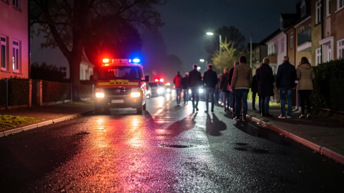 Generic image of emergency lights reflecting on wet asphalt at night.