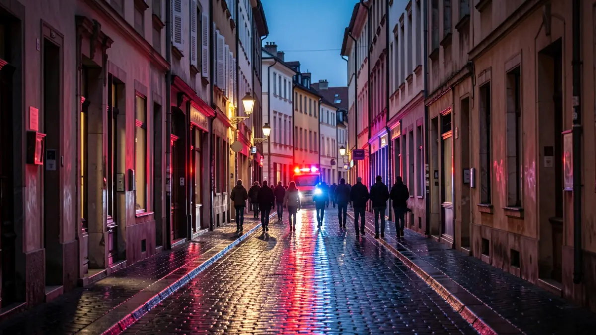 Generic image of a historic street with emergency lights reflecting on wet asphalt.