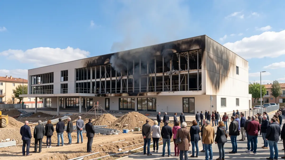 Fachada en construcción de la futura Escuela Municipal de Música de Rivas Vaciamadrid afectada por un incendio.