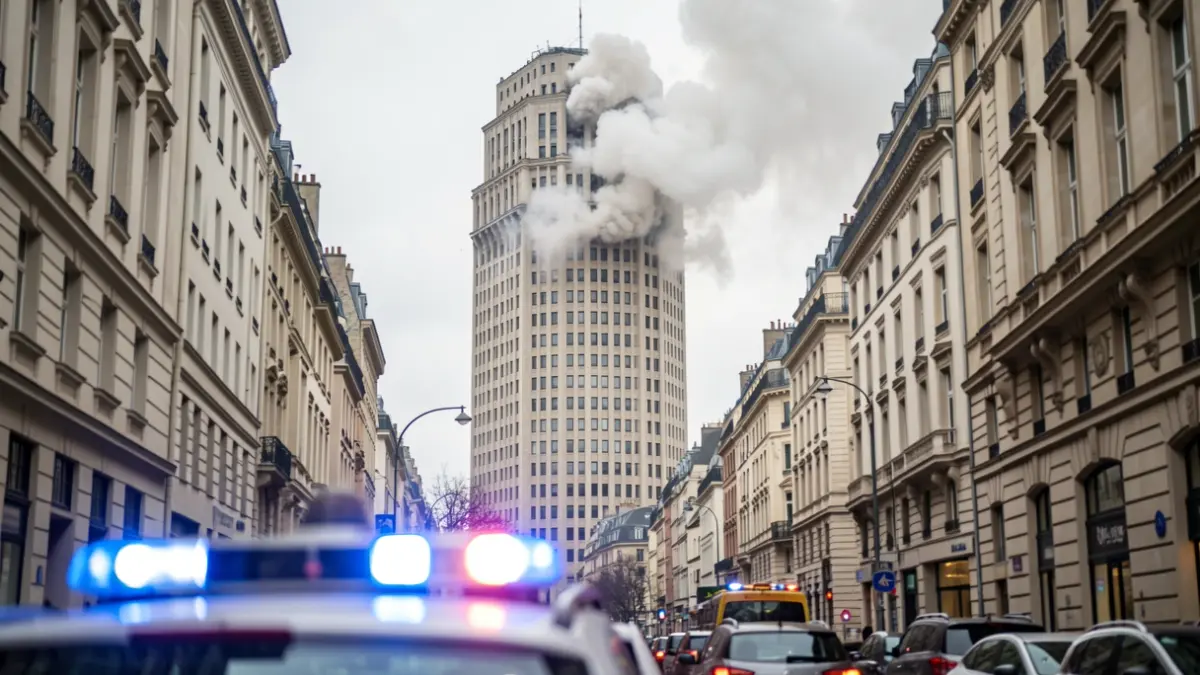 Imagen genérica de un rascacielos con humo saliendo de una planta superior, luces de emergencia borrosas en primer plano.