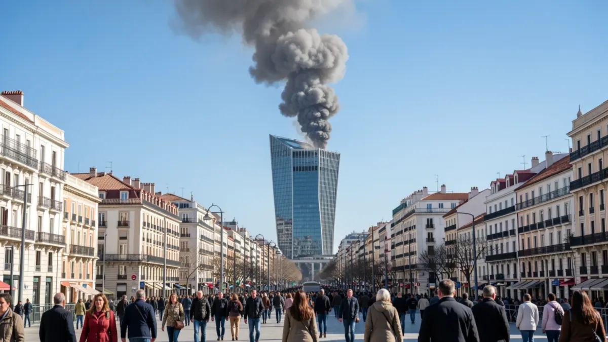 Column of smoke visible from several areas of Madrid due to a fire in the Moeve Tower.