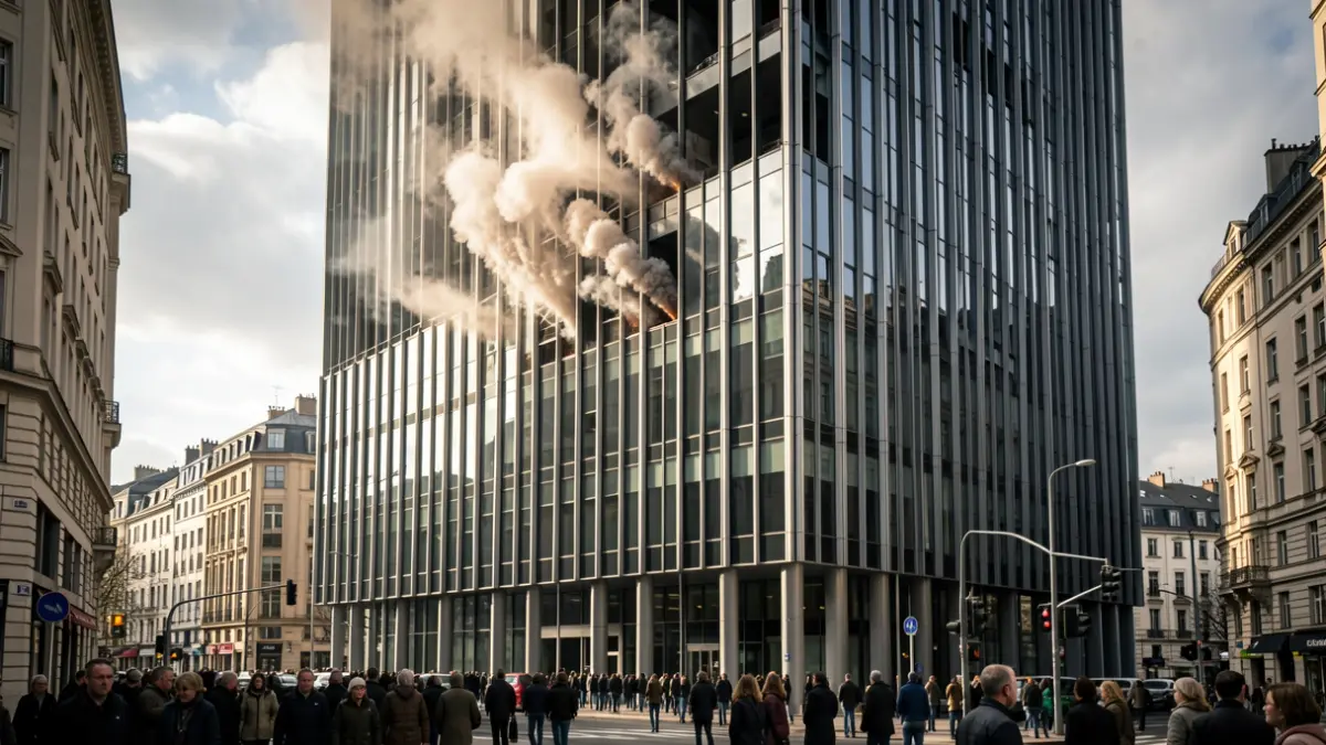 Image of the Moeve Tower in Madrid with smoke emerging from an upper floor after an explosion.