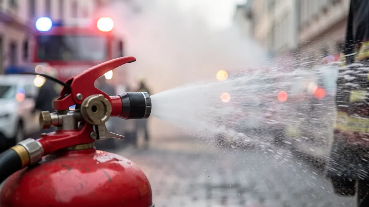 Close-up of a fire extinguisher spraying foam with blurred smoke and emergency lights in the background.