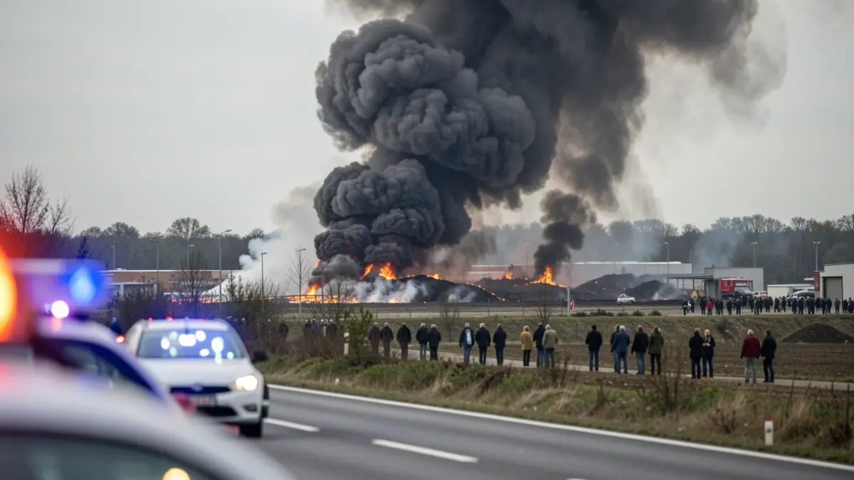 Imagen genérica de una gran columna de humo negro elevándose sobre un recinto industrial al aire libre junto a una carretera, con vegetación circundante en llamas y luces de emergencia borrosas.