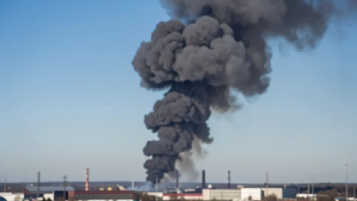Large column of black smoke rising into the blue sky from an industrial area.