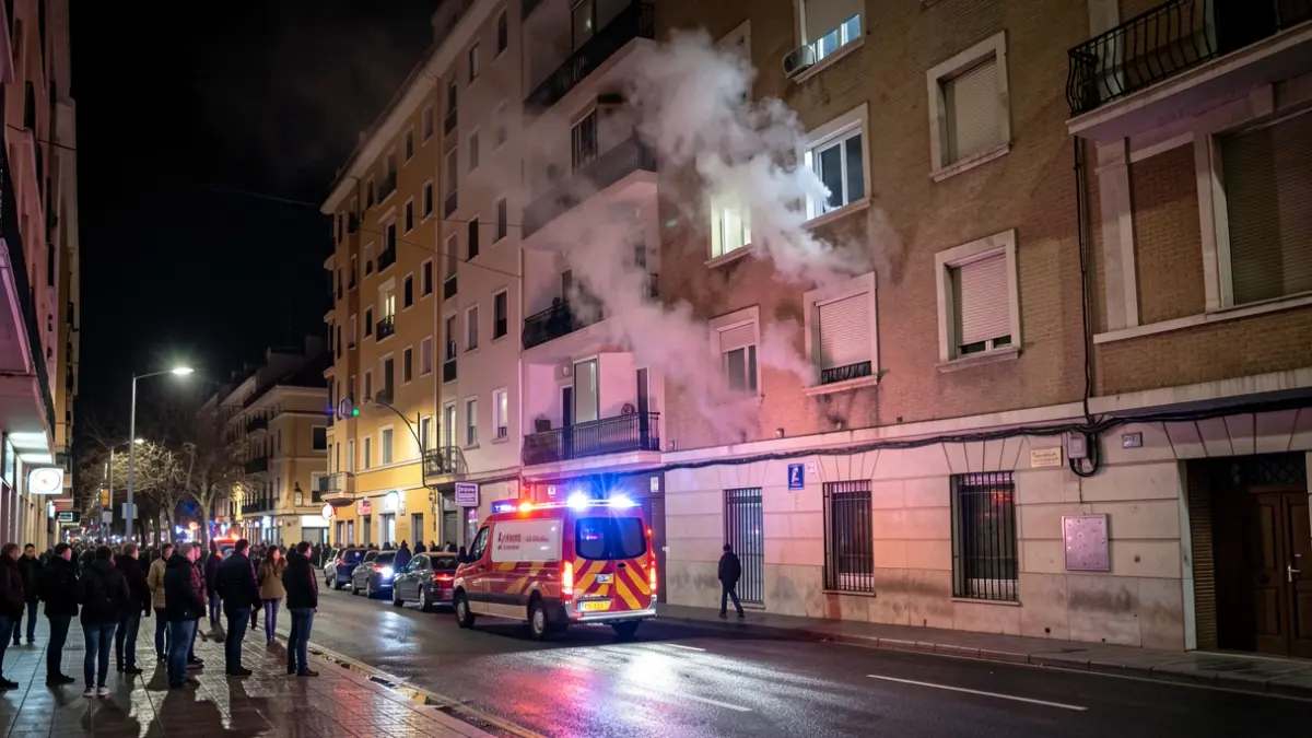 Facade of a residential building in Madrid with smoke coming from a window and emergency lights on the street.