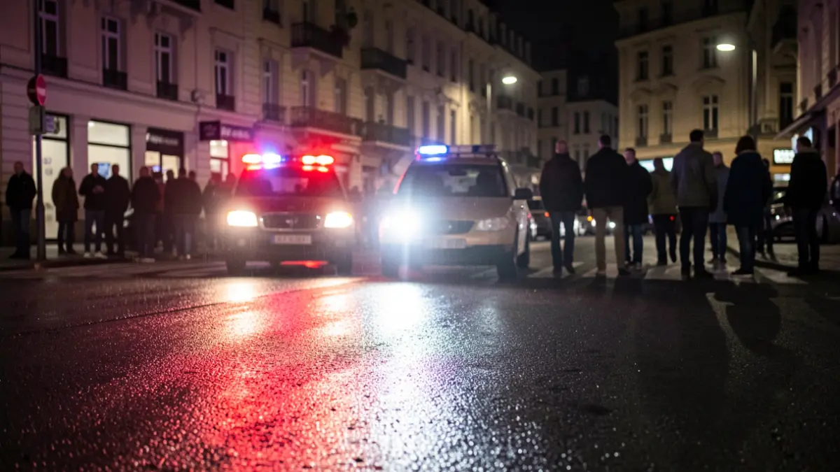 Generic image of emergency lights reflecting on wet asphalt at night.