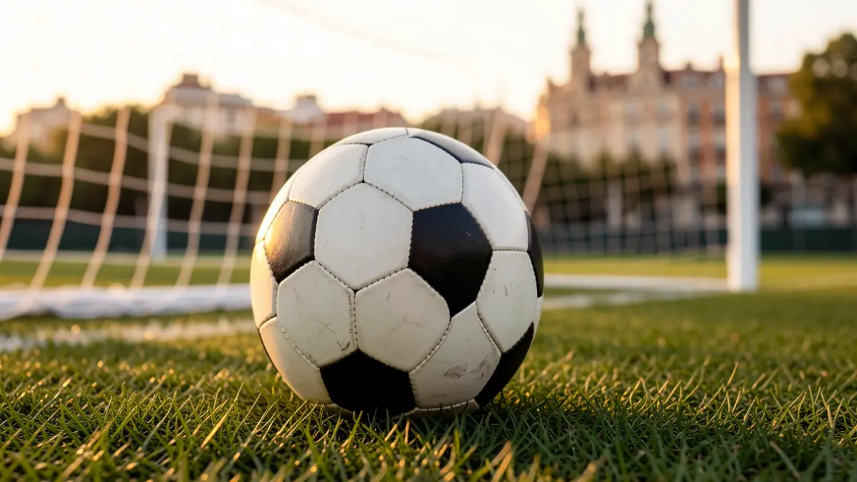 Generic image of a soccer ball on grass with Madrid's architecture in the background.