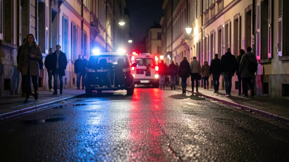 Generic image of police emergency lights reflecting on asphalt at night.
