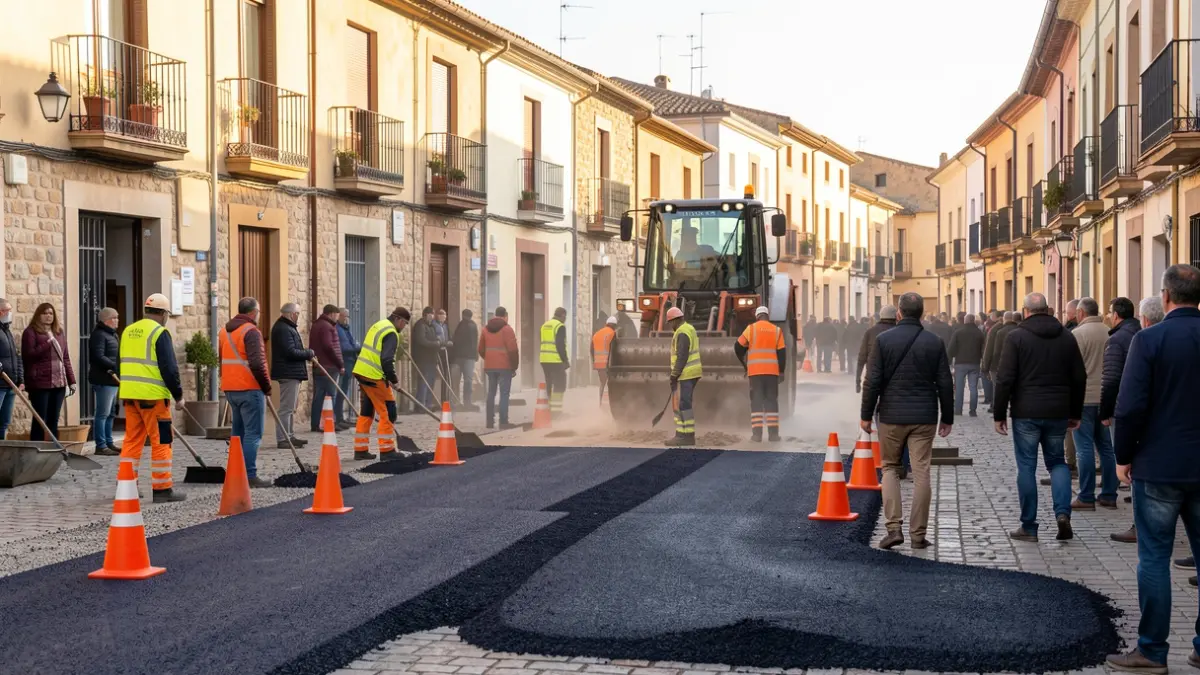 Generic image of road resurfacing works on a street in a Madrid municipality.