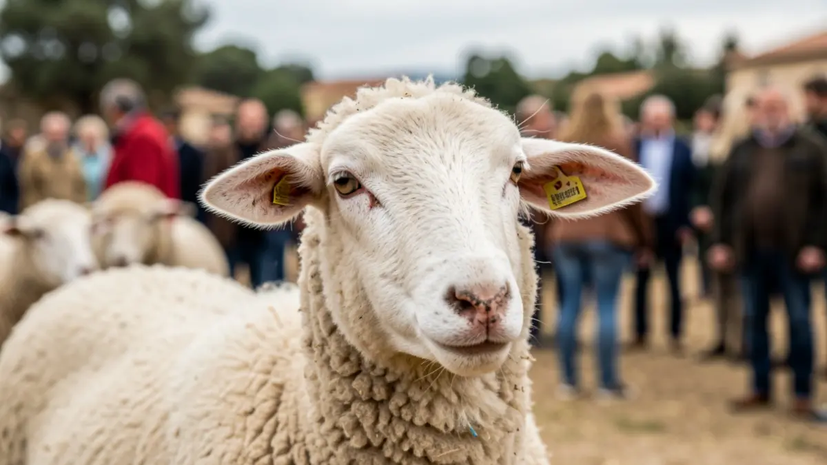 Close-up of a live lamb with a blurred rural background in the Community of Madrid.