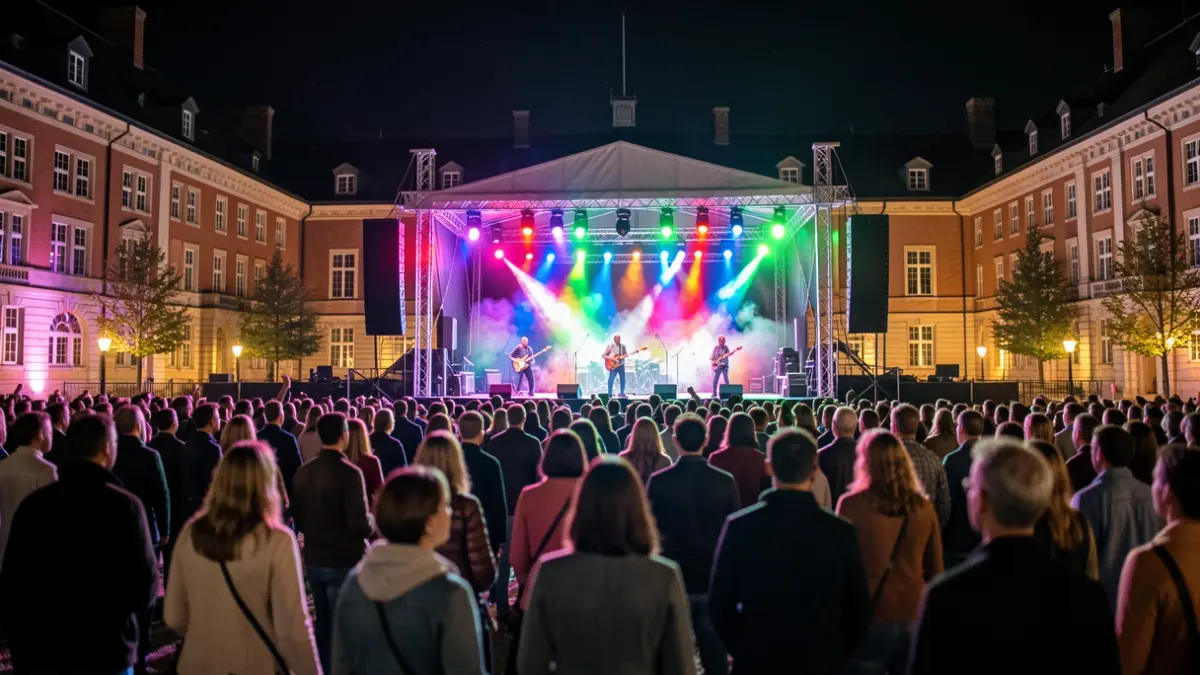 Generic image of a nighttime music festival with an illuminated stage and blurred audience.