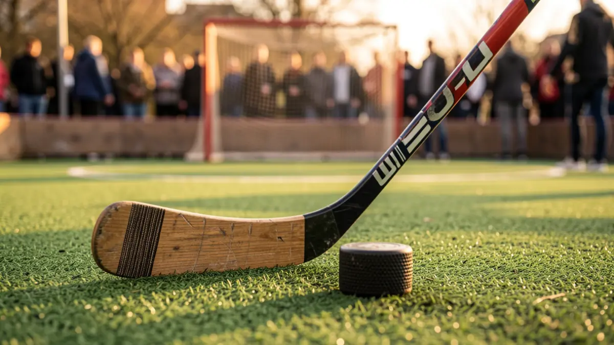 Close-up of a hockey stick and a puck on green artificial turf, with the goal net blurred in the background.