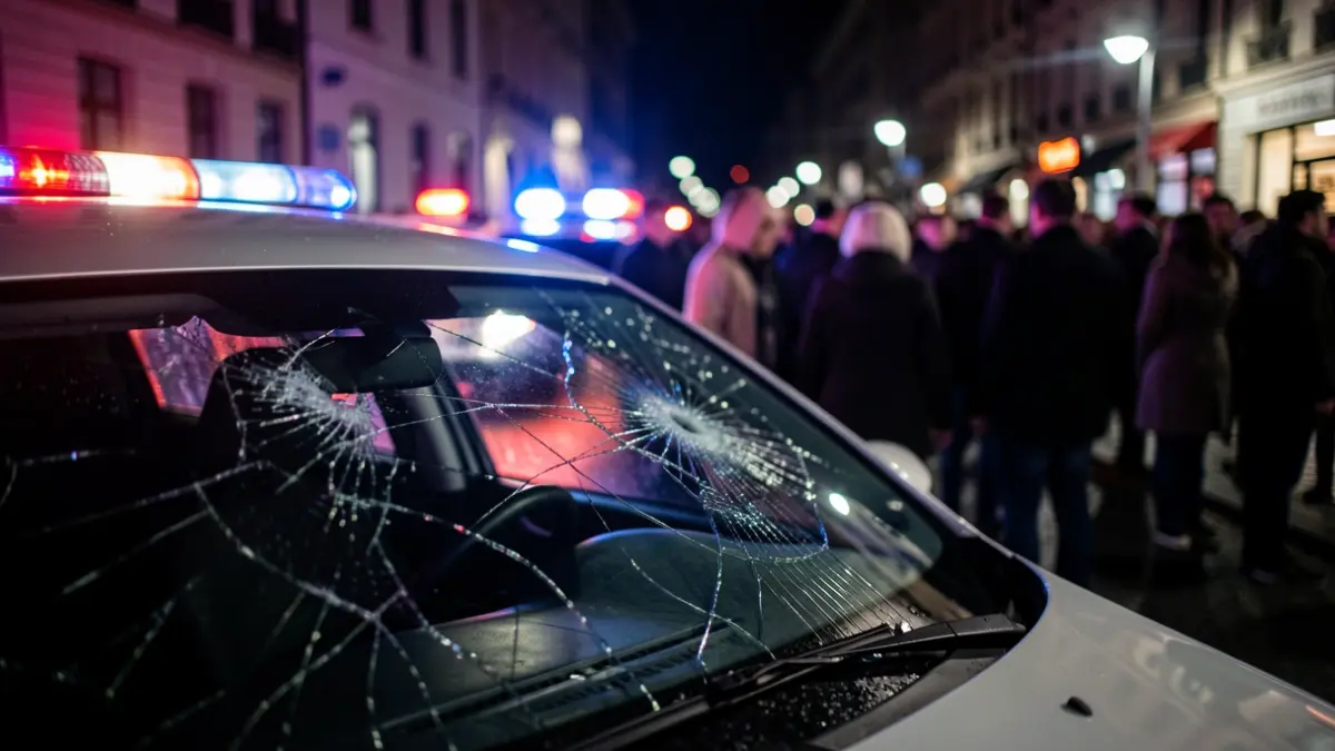 Close-up of a damaged car windshield with blurred emergency lights reflecting on it.
