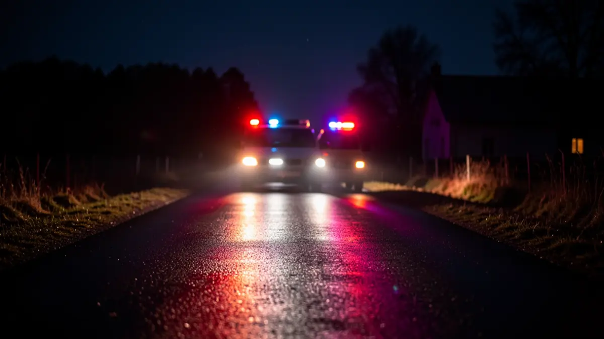 Imagen genérica de luces de emergencia reflejándose en asfalto mojado por la noche en una carretera.