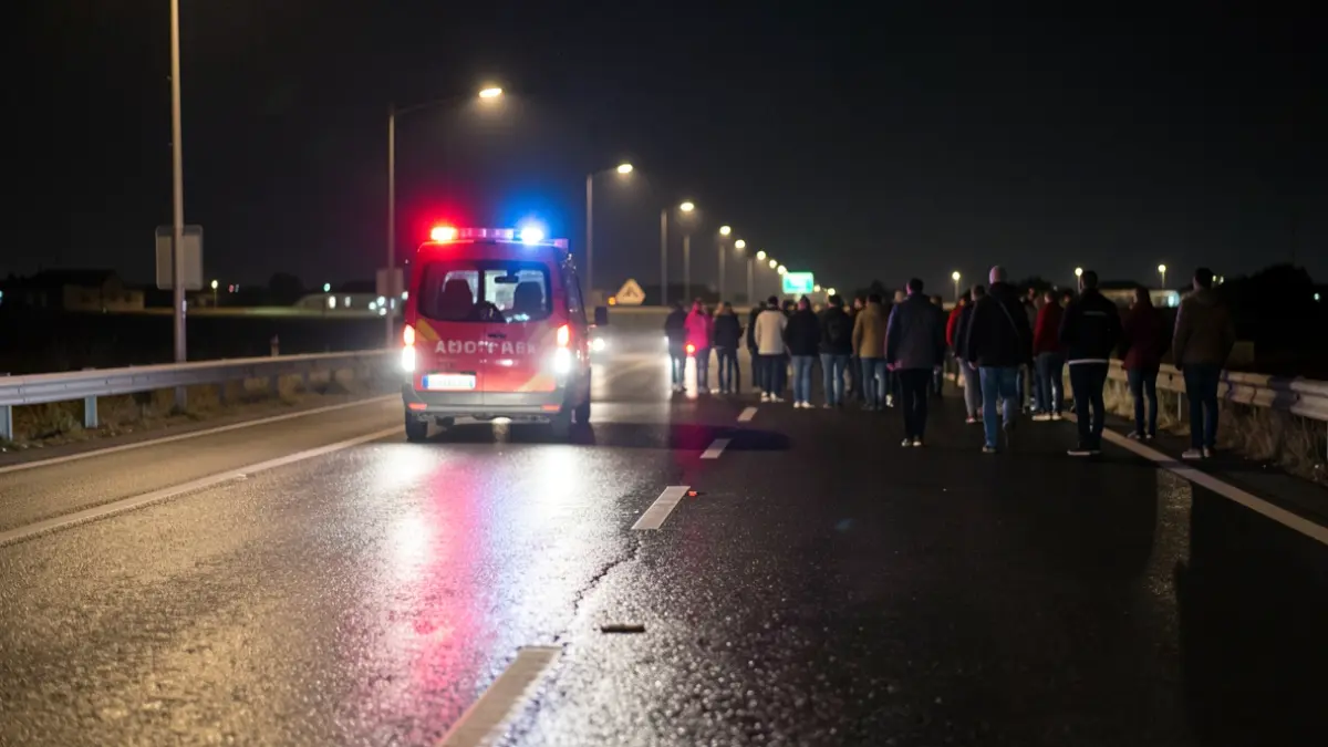 Generic image of emergency lights reflecting on wet asphalt at night on a road.