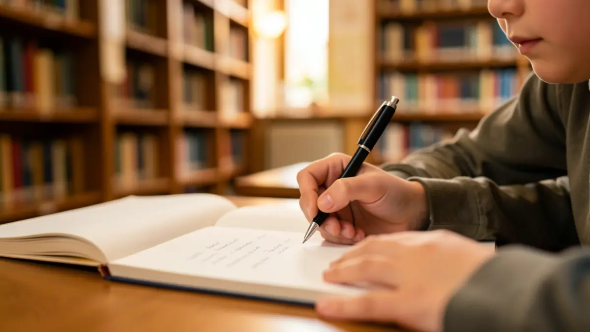 Young student's hands holding a pen over a notebook with text, in a library setting.
