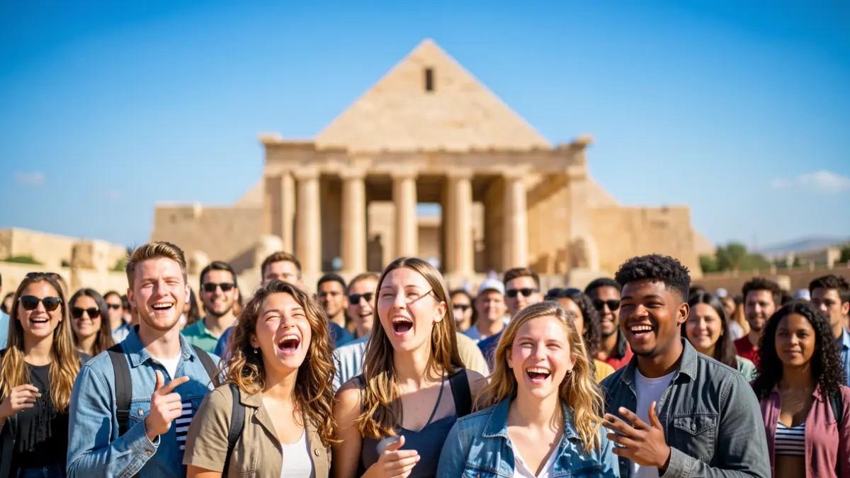 Young participants of the Madrid Xplora program in front of an Egyptian monument.