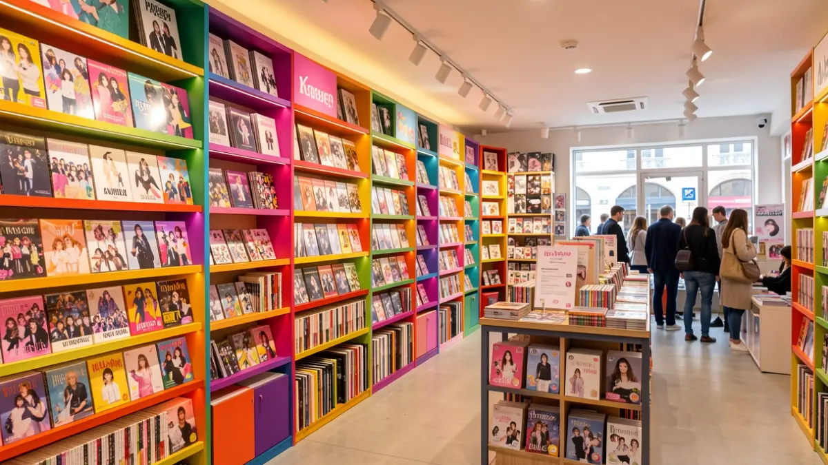 Interior of a K-Pop store with shelves full of albums and merchandise.