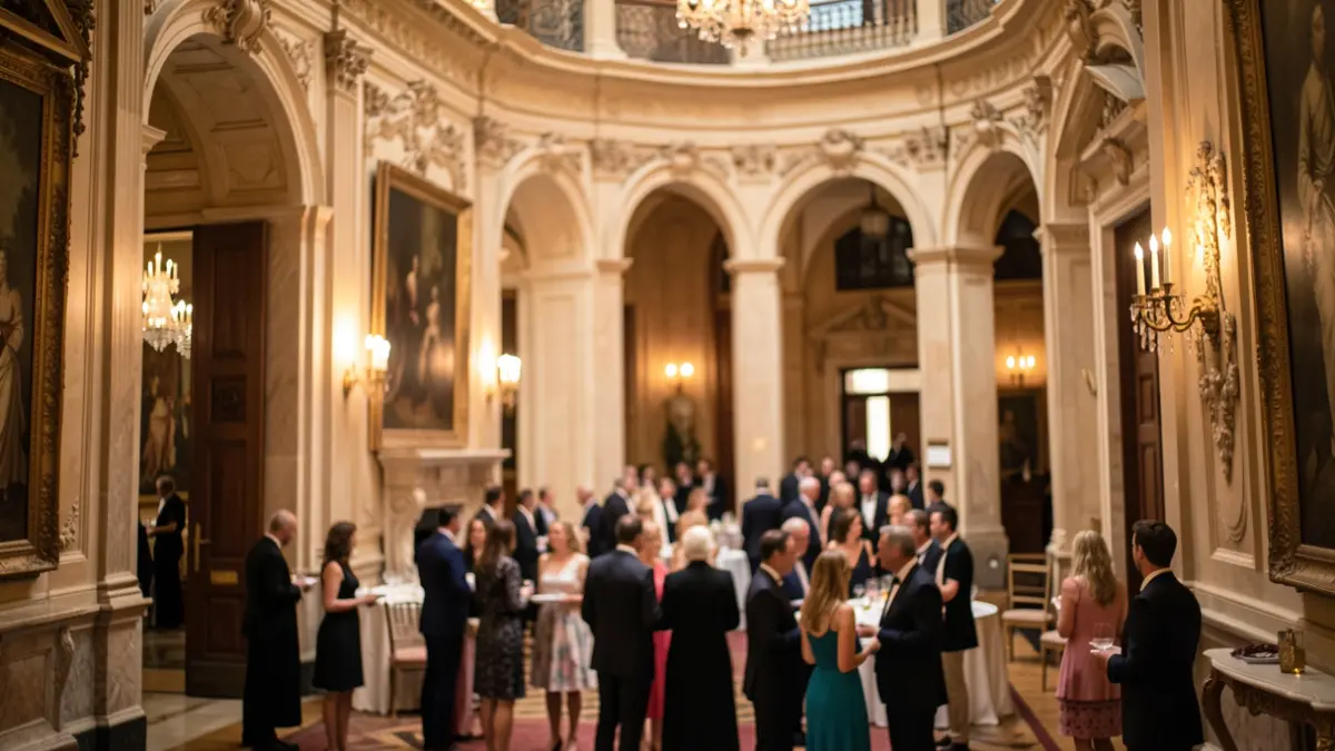 Imagen de un entorno elegante en un edificio histórico de Madrid durante un evento cultural.