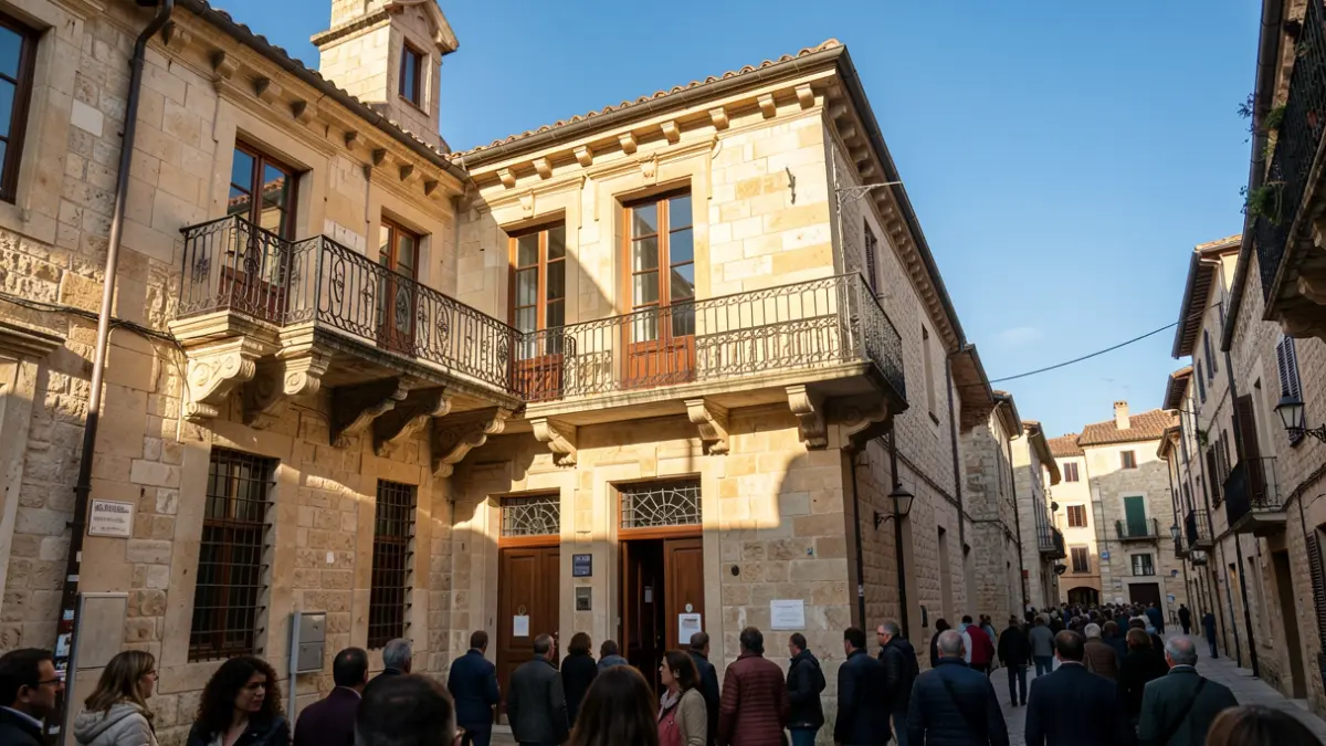 Stone town hall facade with balcony and iron railings, warm afternoon light.