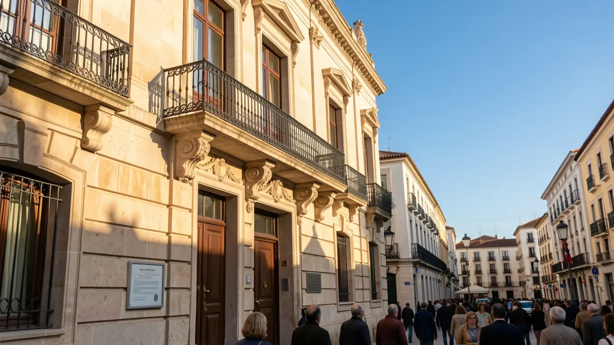 Stone facade of a la Comunidad de Madrid town hall with ornate balcony and iron railings, warm afternoon sunlight casting shadows on the sandstone walls, blue sky, documentary photography style.
