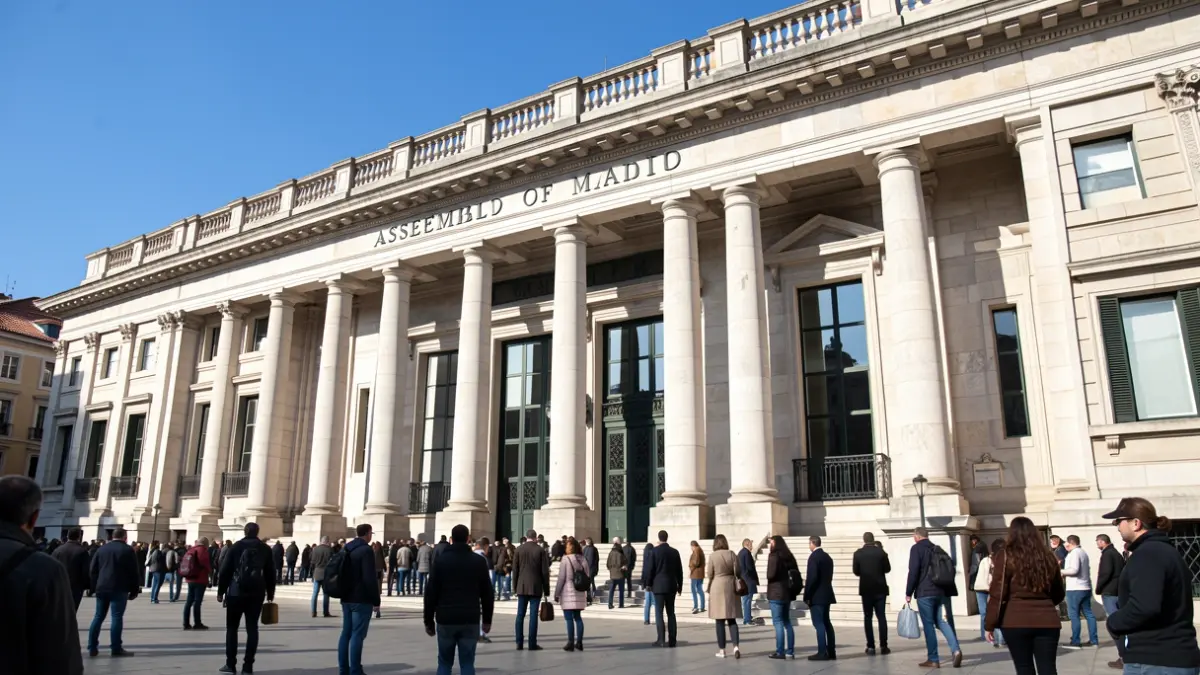 Fachada del edificio de la Asamblea de Madrid con columnas y ventanas, bajo un cielo azul.