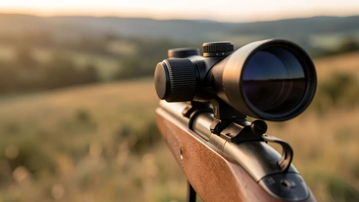 Close-up of a hunting rifle scope with a blurred natural landscape in the background.
