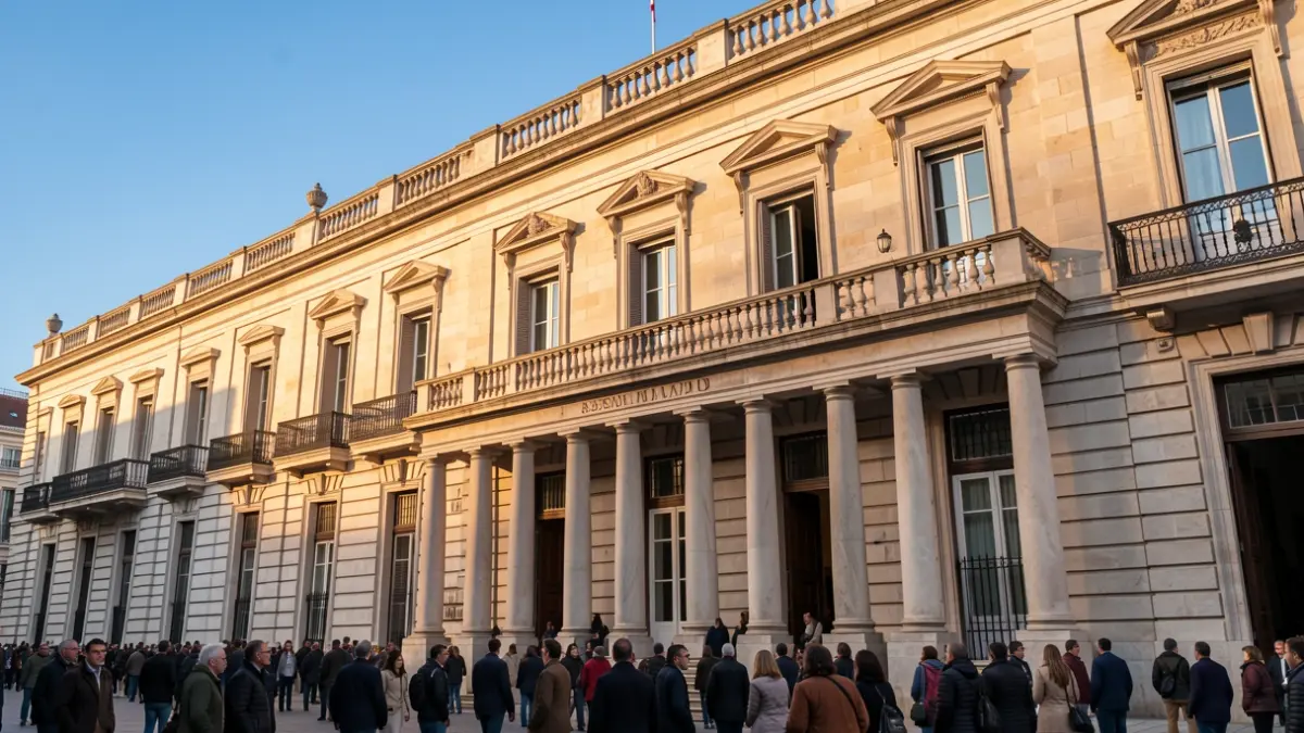 Fachada del edificio de la Asamblea de Madrid con columnas y balcones bajo la luz del atardecer.