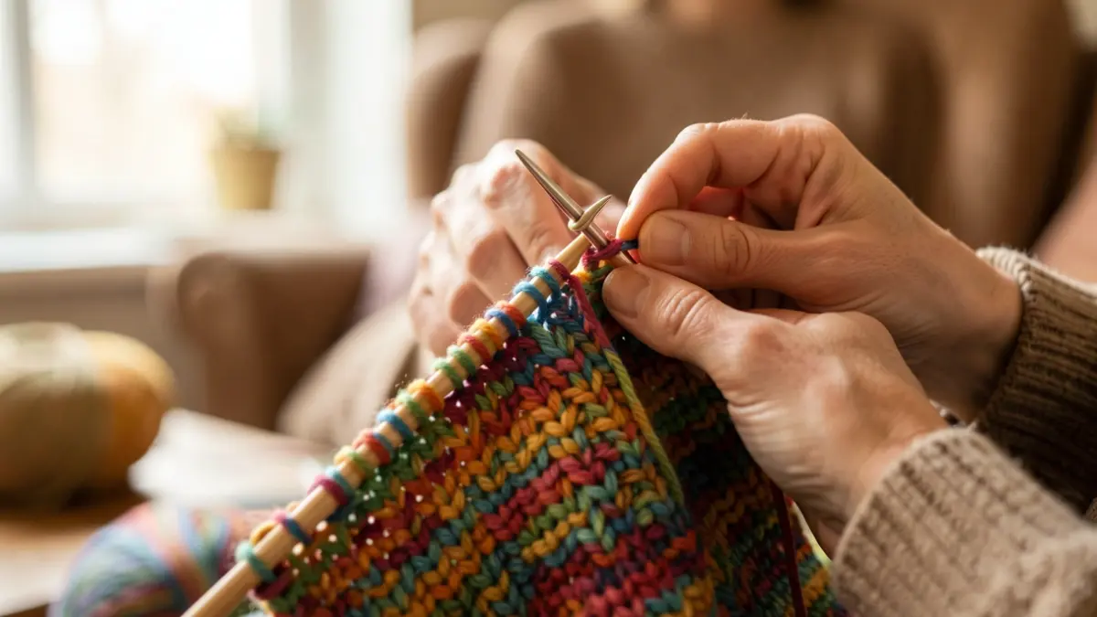 Hands knitting colorful yarn with an intricate pattern.