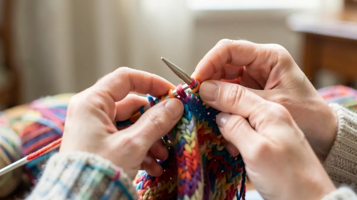 Close-up of hands knitting with colorful yarn.