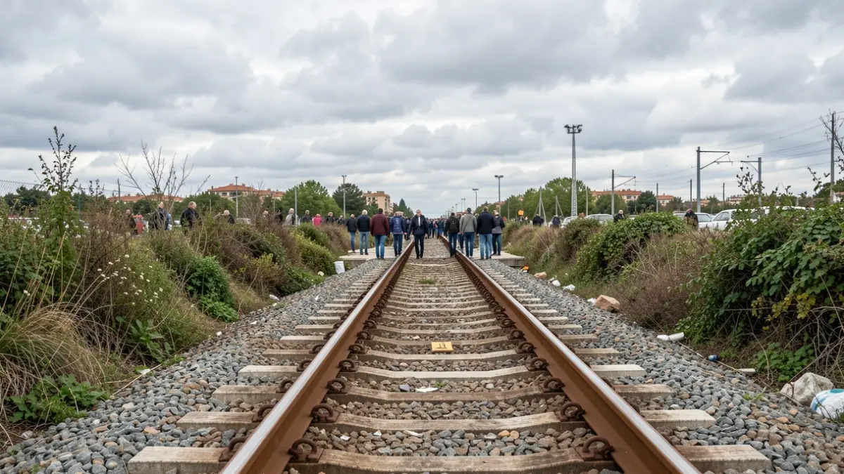 Generic image of an unfinished train track on the outskirts of Madrid, with vegetation growing on the sides.