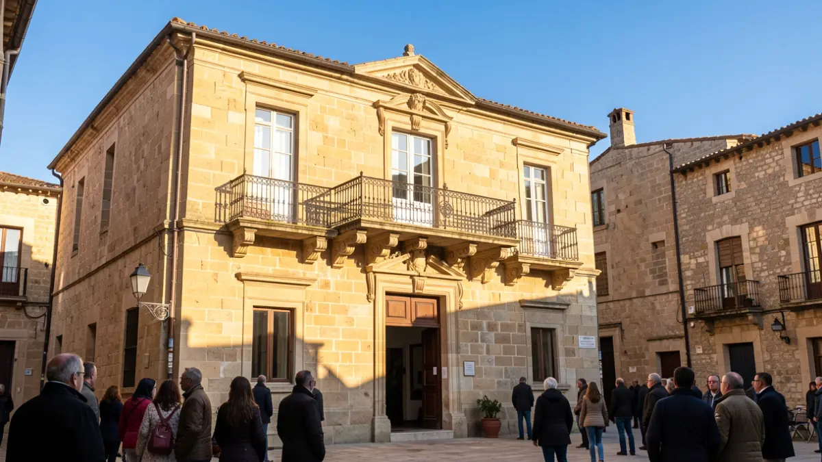 Facade of a stone town hall with a balcony and iron railings, under the afternoon sun.