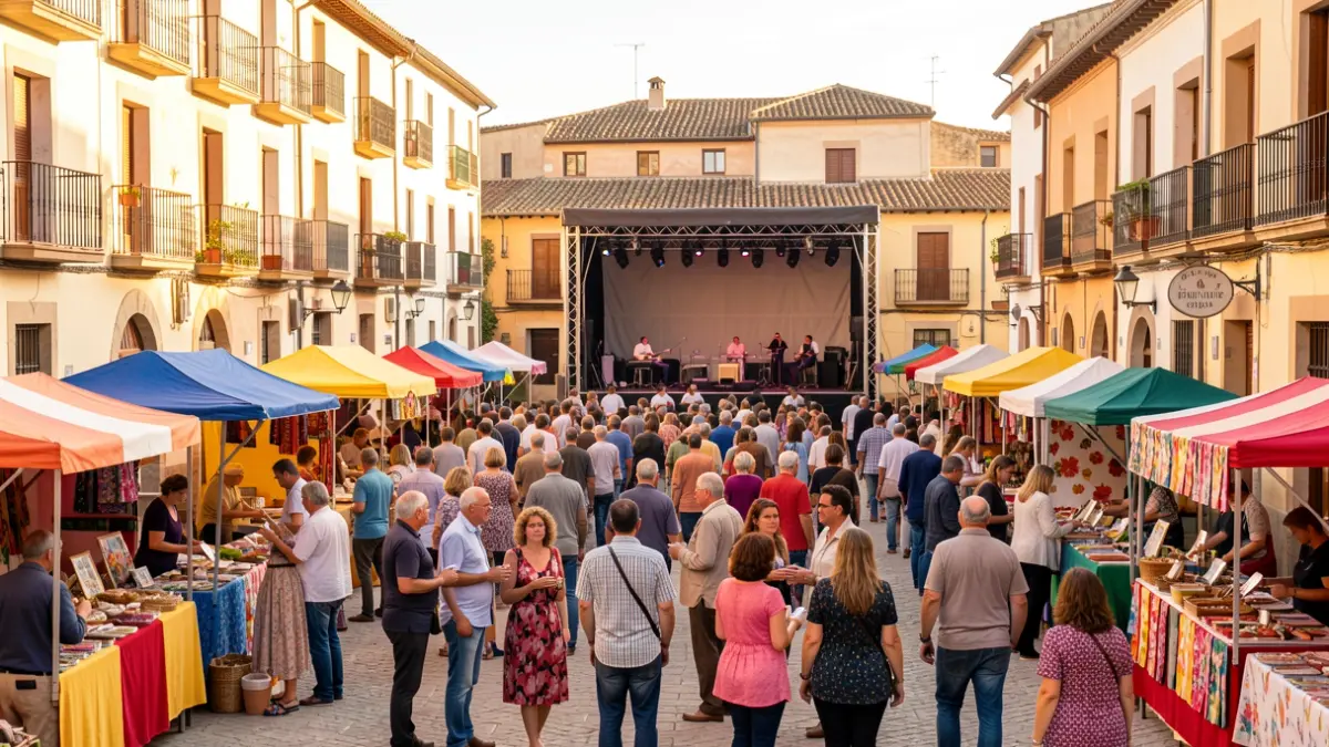 Generic image of an outdoor fair in a Spanish square with stalls, people, and traditional architecture.