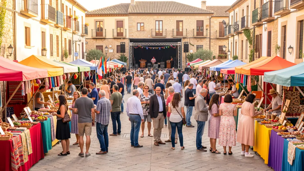 Generic image of an outdoor fair in a Spanish town square with stalls and people.