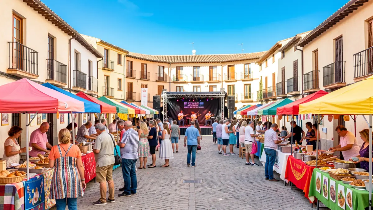 Imagen genérica de una feria popular al aire libre en un pueblo español con puestos, escenario y gente.