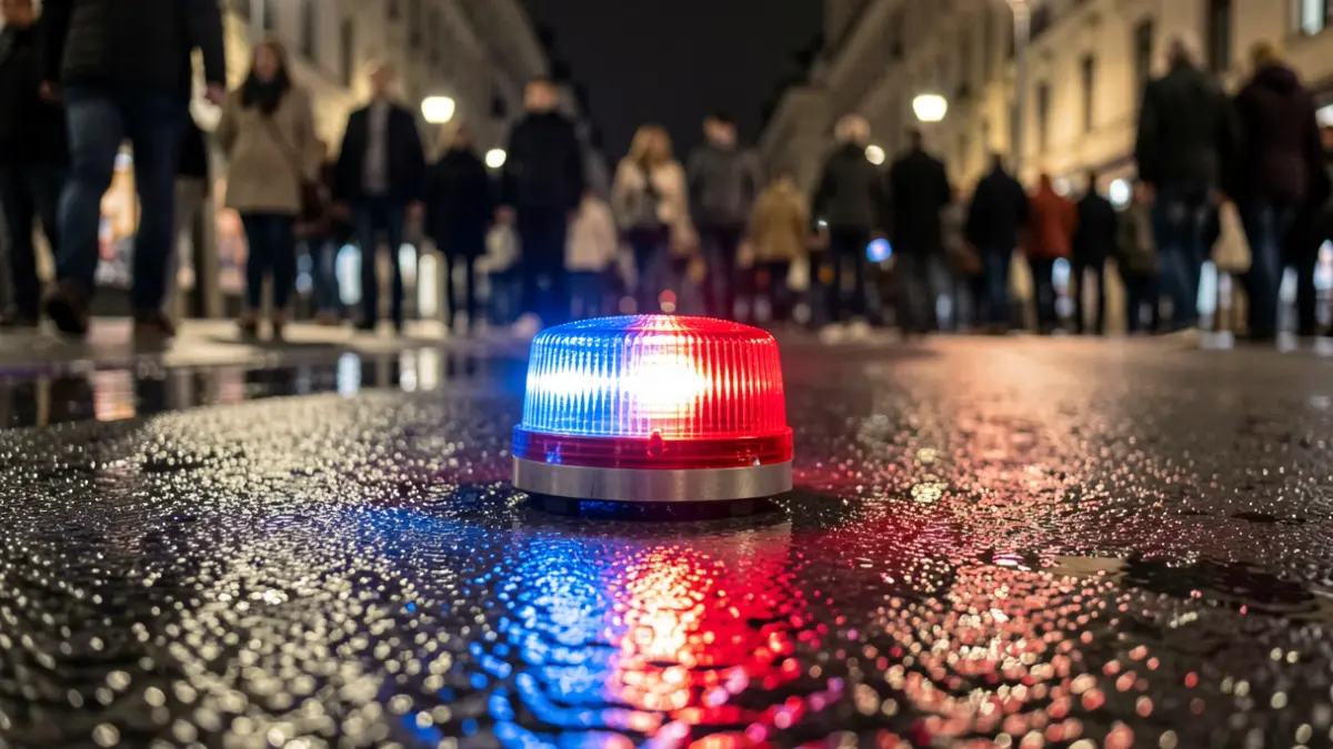 Generic image of police emergency lights reflecting on wet asphalt.