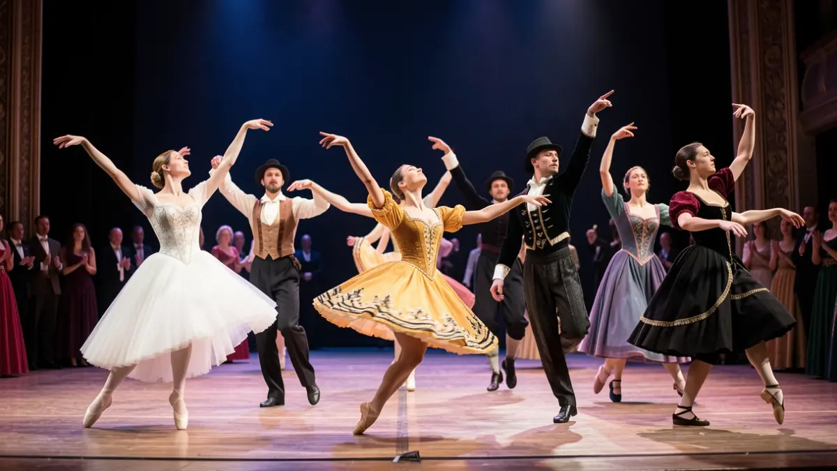 Imagen genérica de bailarines en movimiento en un escenario.